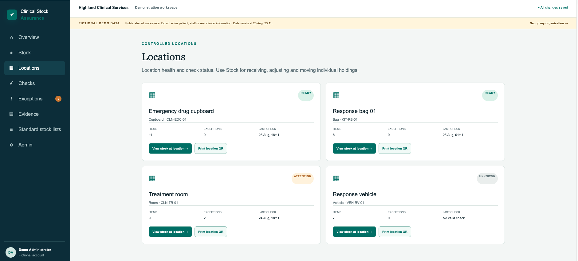 Clinical Stock Assurance locations page showing ready, attention and unknown location states