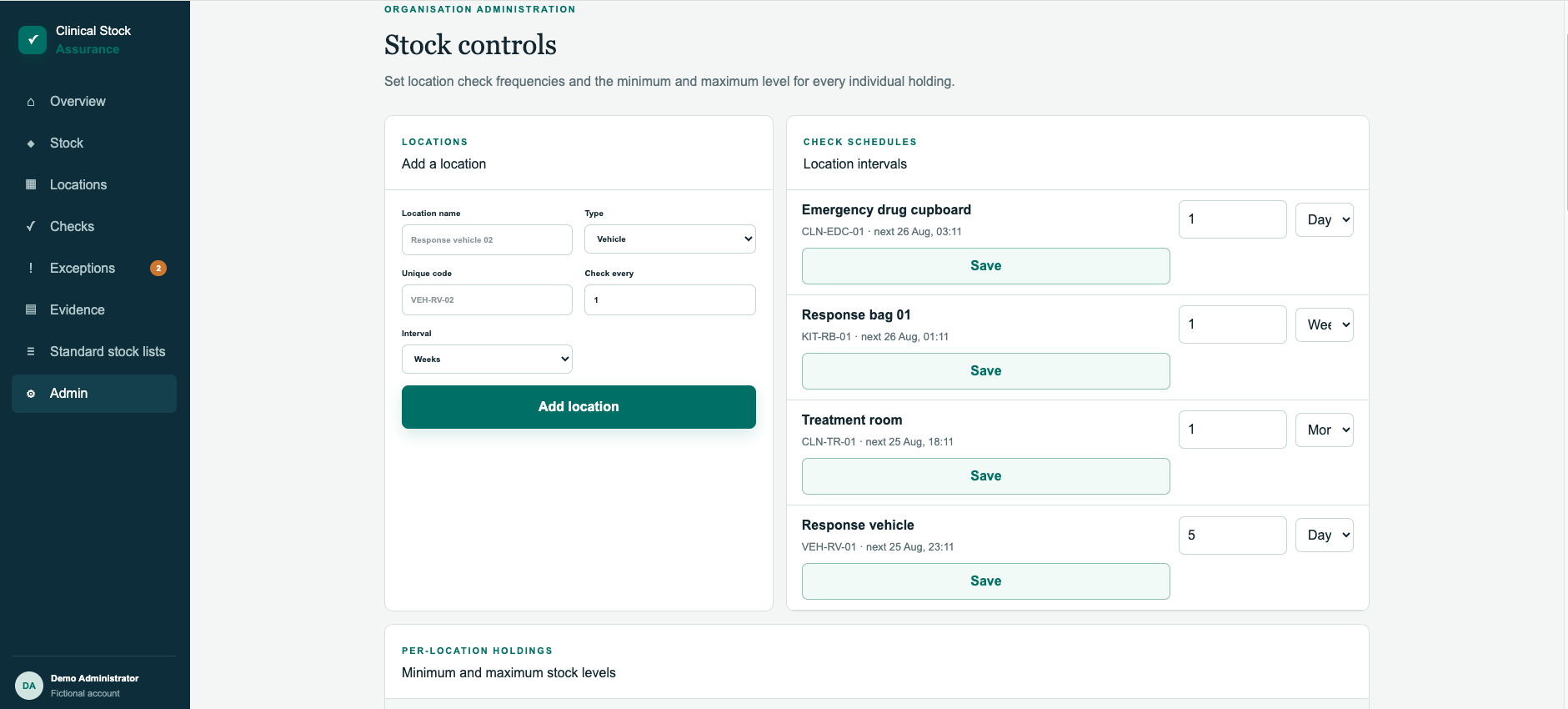Clinical Stock Assurance stock controls showing location check schedules and minimum and maximum stock levels